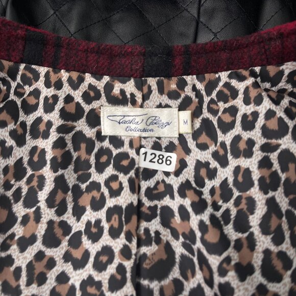 Tasha Polizzi Wool Plaid Vest Red Black Quilted Faux Leather Back Lined Womens M - Picture 6 of 10